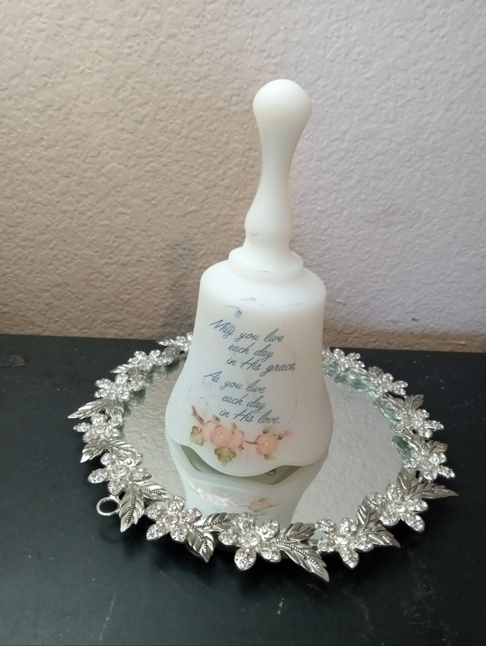 GORGEOUS Signed Fenton Hand painted 6" Satin Glass Bell with Holy Scripture